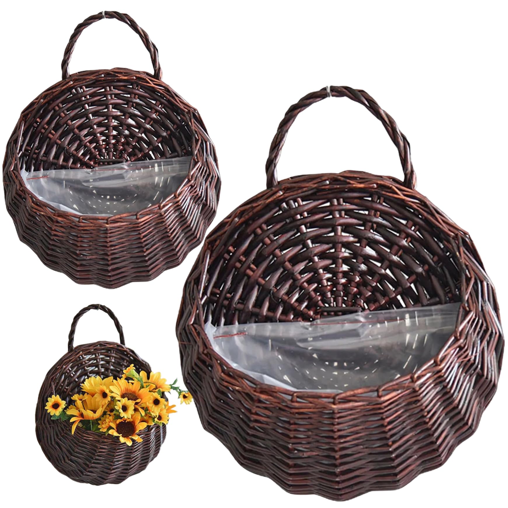Wedhapy Hanging Basket Hanging Planter 2Pcs Natrual Rattan Planter Vintage Wall Basket Storage Plant Rattan Wall Flower Pot for Home Plants, Dark Brown