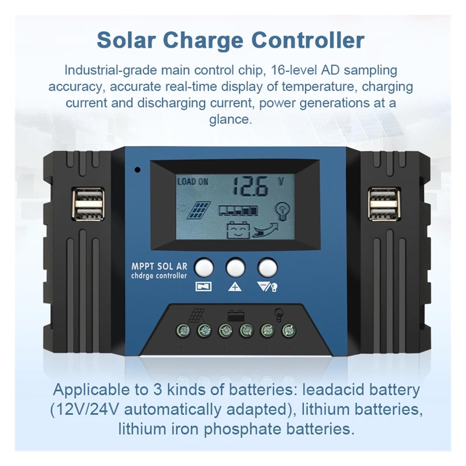Regulator ładowania słonecznego, MPPT regulator ładowania słonecznego automatyczny kontroler panelu słonecznego inteligentny regulator baterii 12/24V 4 wyjście USB 30A/40A/50A/60A/100A(100A)