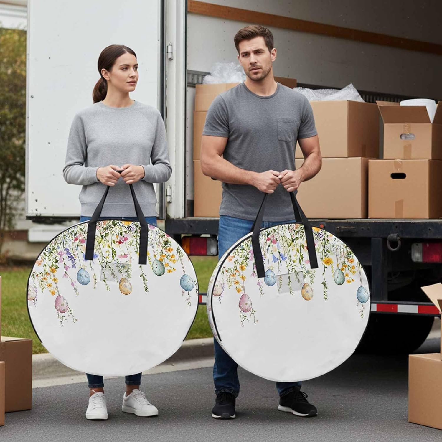 Spring Colorful Round Storage Bag 36 Inch, Easter Eggs Wildflower Eucalyptus Leaf Clothes Storage Container with Handles Heavy Duty Organizer for Comforter, Bedding & Holiday Wreaths