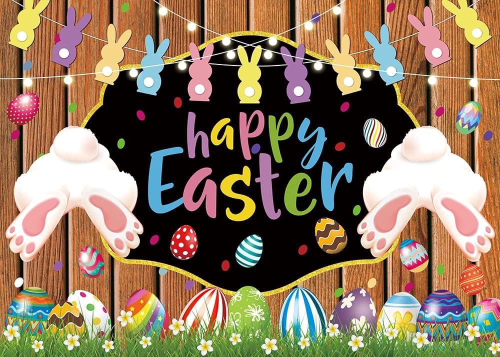 Happy Easter Backdrop Rustic Wooden Wall Easter Bunny Colorful Eggs