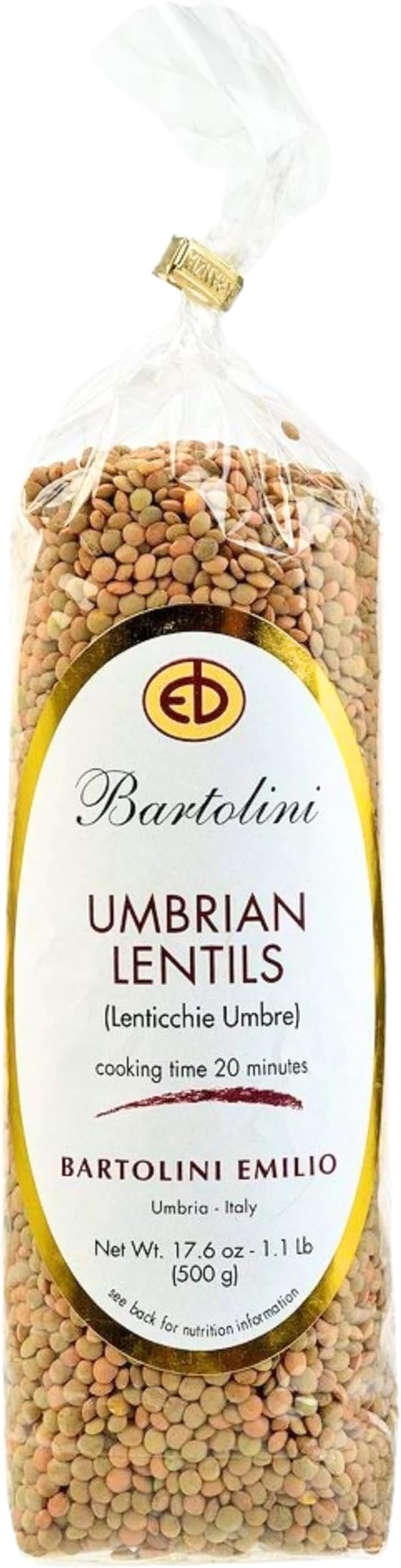 Bartolini Umbrian Lentils from Italy 17.6 oz. (500g) Premium Dry Lentils - Perfect for Soup - Green - Brown - Specialty Dried Lenticchie - Imported Umbria Whole - Italian Delicacies