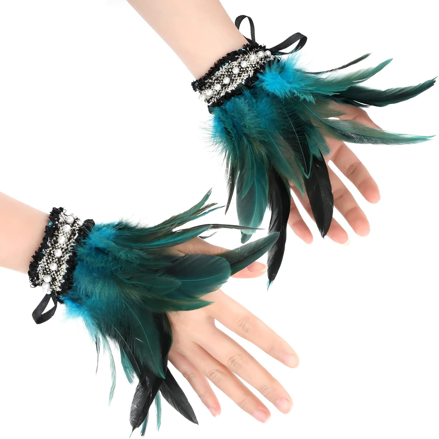 MWOOT Natural Feather Wrist Cuffs for Women Costume Feather Wristband for Mardi Gras Prom Halloween Wrist Bracelets - Image 3