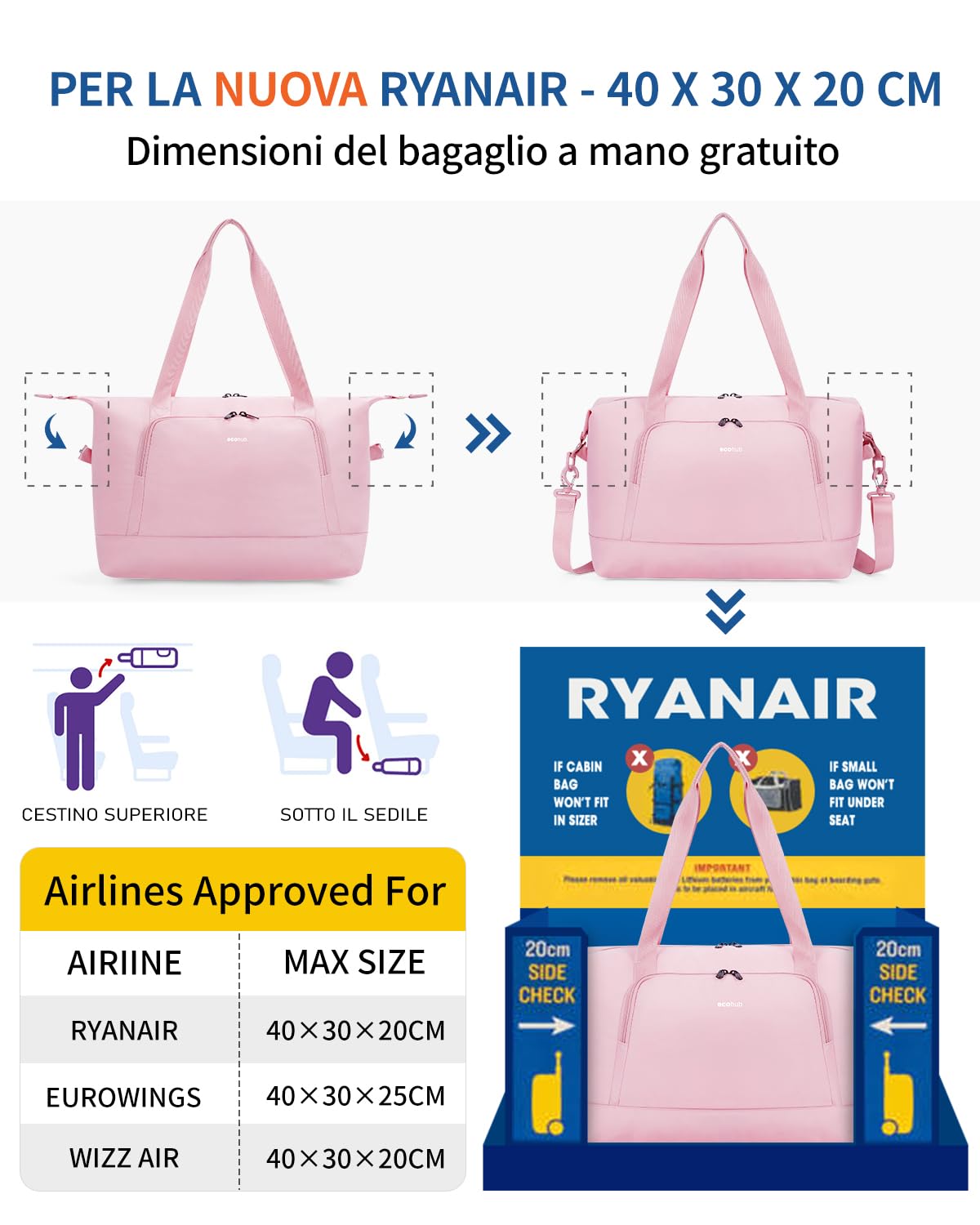 ECOHUB Borsone da Viaggio Pieghevole, Borsa da Viaggio Resistente All'acqua 40x30x20 per Ryanair, Bagaglio a Mano con Tasca Rimovibile per Oggetti Bagnati per Palestra, Aereo, Weekend,24L Rosa
