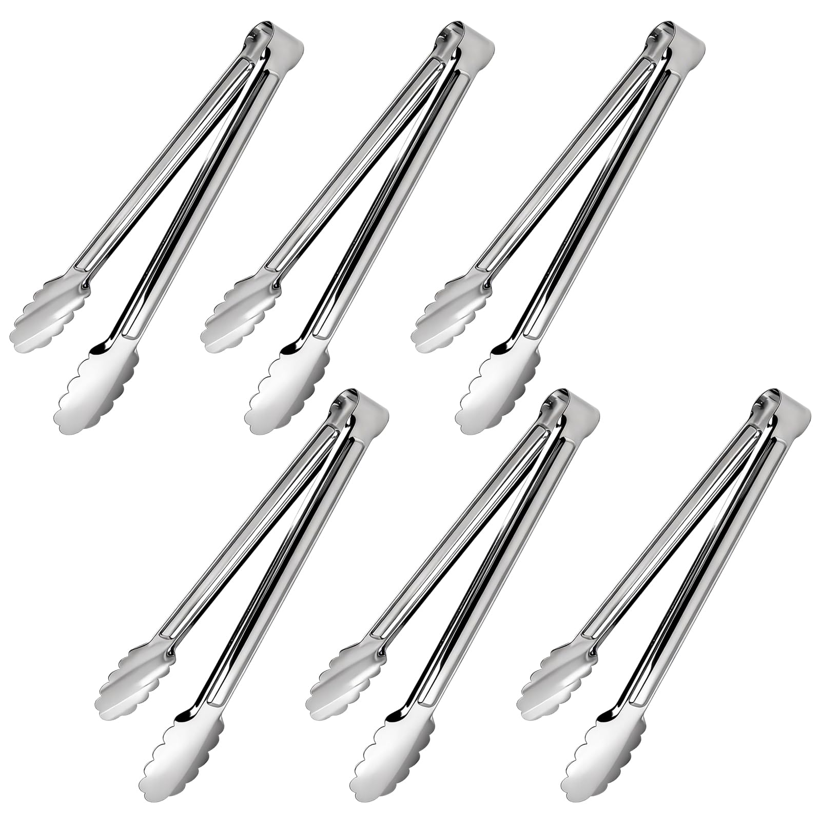 Akamino 12 Inch Kitchen Tongs Set of 6, Stainless Steel Buffet Tongs, Non Stick Metal Food Serving Tong for Salad, Clipping Bread, Frying Cooking, Camping Barbecue, Silver