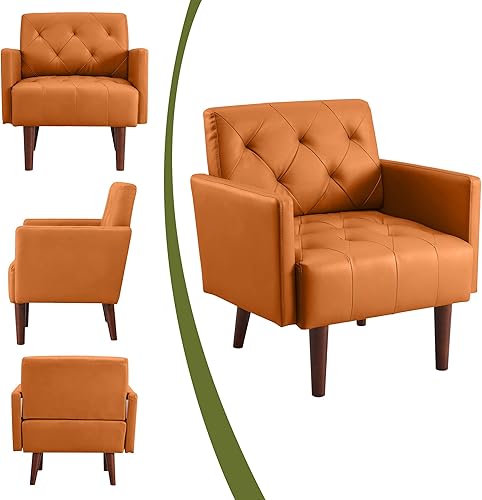 Miniatura 5 de Faux Leather Accent Chair Modern PU Armchair, Retro Tufted Upholstered Arm Chair, Comfy Leather Club Chair Single Sofa for Living Room, Bedroom,