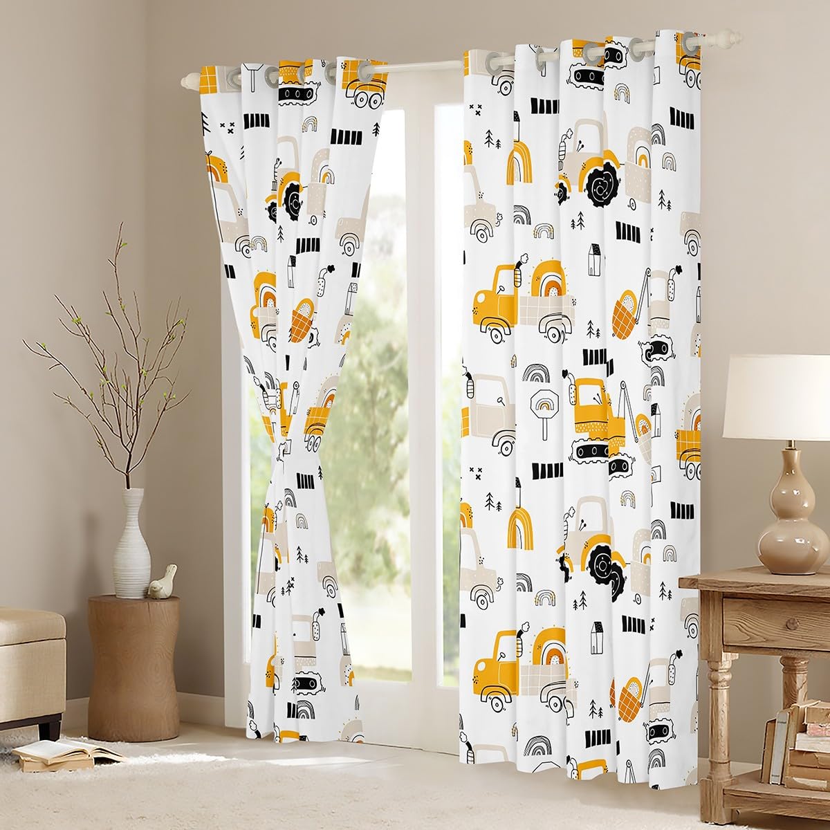 Homemissing Excavator Curtains for Bedroom Living Room Kids Construction Vehicles Blackout Curtains Boys Cartoon Car Rainbow Darkening Dreapes Equipment Trucks Window Treatments Yellow W66*L72 - Image 3