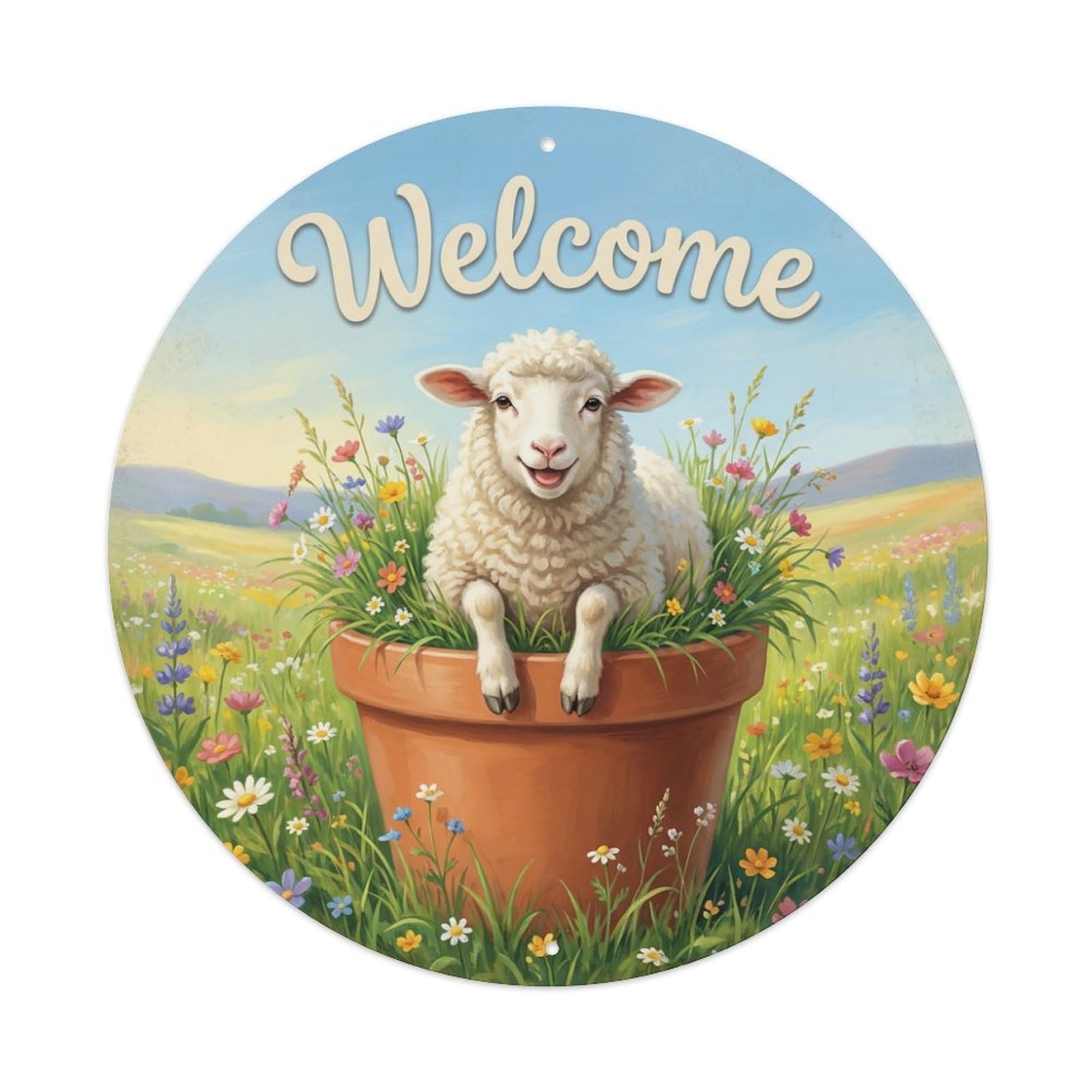 Metal Tin Sign Welcome Sheep Green Meadow