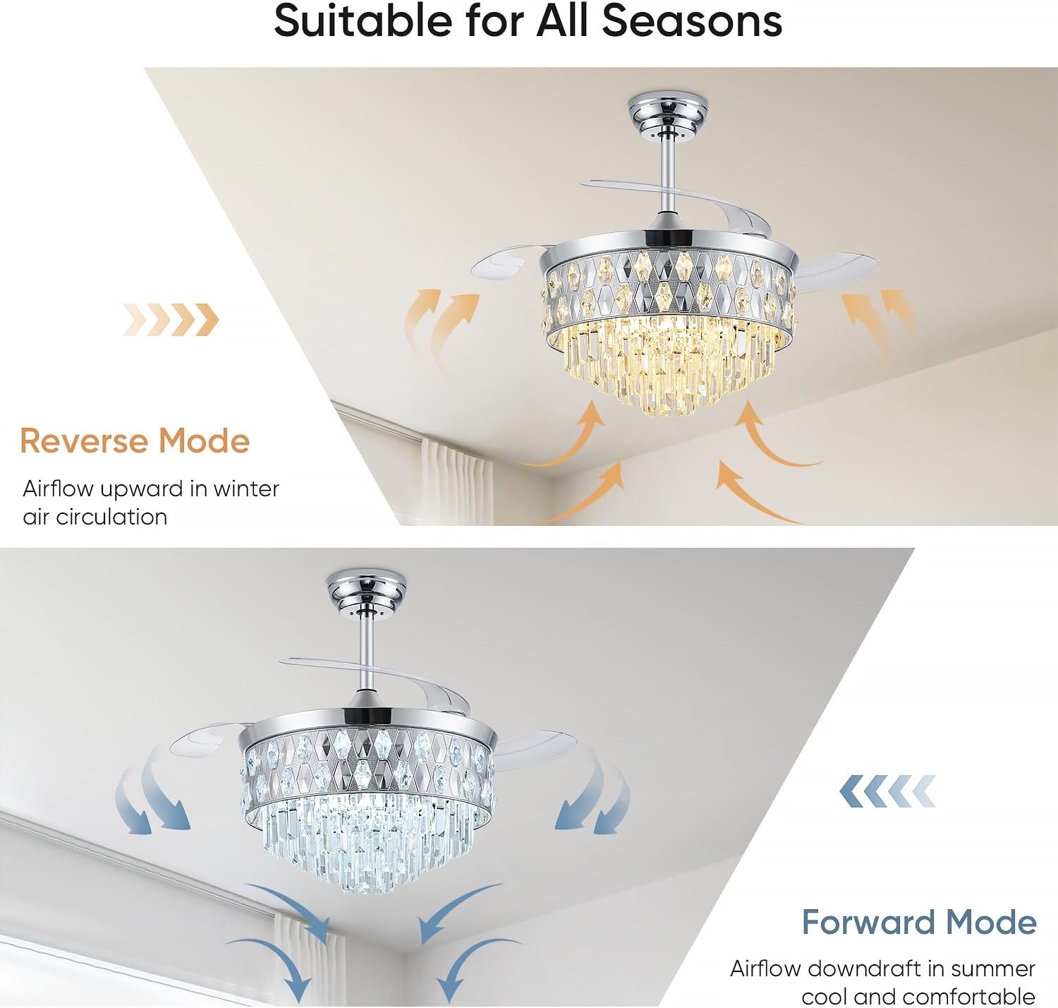 42'' Fandelier Ceiling Fan with Light, Chandelier Ceiling Fans with Lights, Crystal Ceiling Fans for Bedroom Living Room, LED Dimmable, 6 Wind Speed,3 Color Temperatures-9052 Chrome
