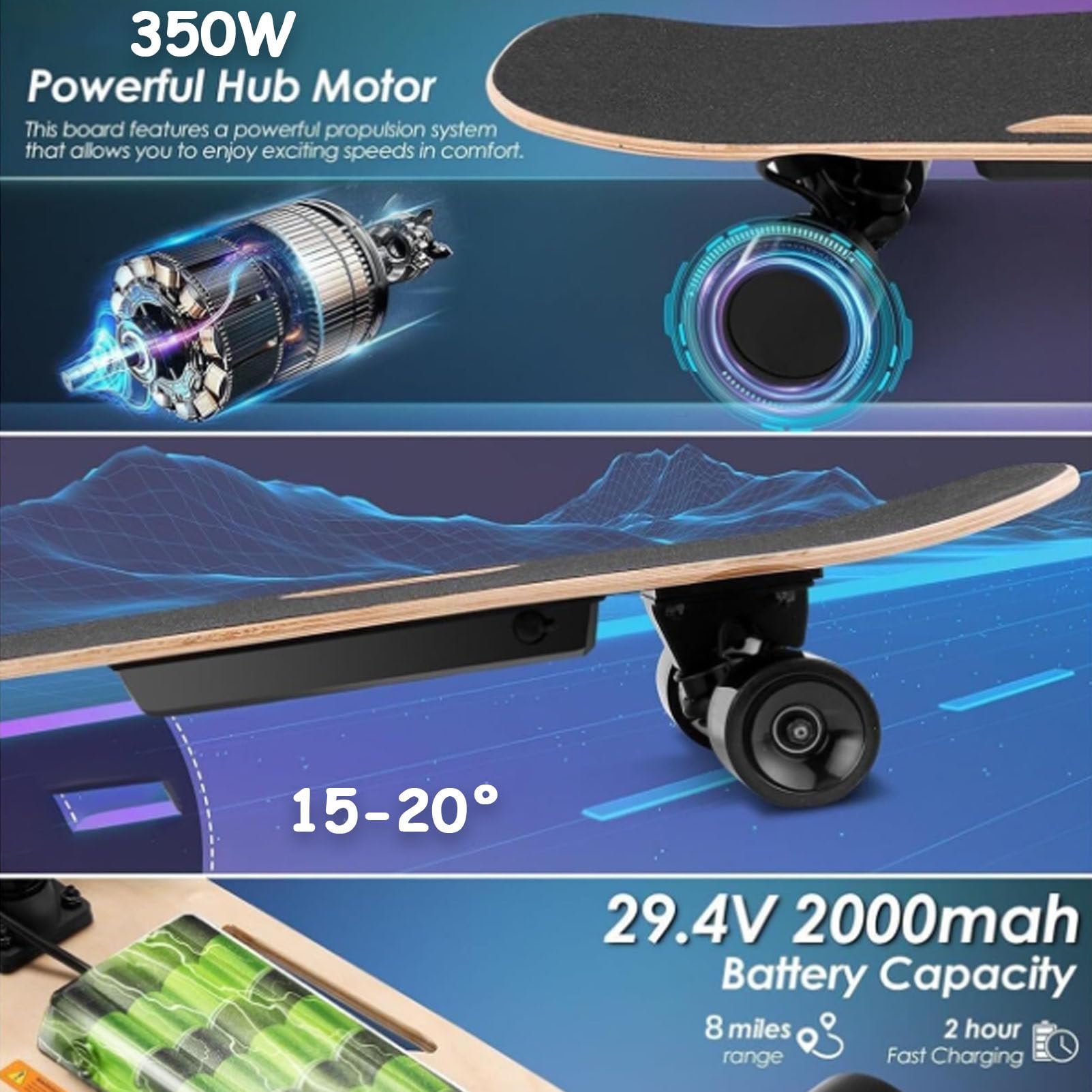 Planche à roulettes électrique Longboard avec une vitesse maximale de 22 km/h, moteurs de 350 W, pour adultes et débutants, charge maximale de 150 kg, avec une autonomie de 13 km pour les trajets