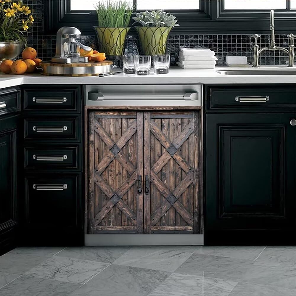 Dishwasher Magnet Cover, Vintage Wooden Doors Kitchen Dishwasher Sticker Easily Trimmable Dish Washer Door Magnets Kitchen Appliances Decals 23" x 26"(Magnetic)