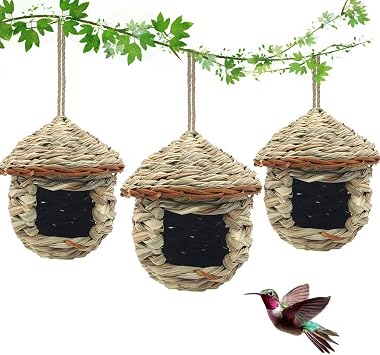 3 Pack Hummingbird House, Hand Woven Bird Nest for Outdoors Hanging, Small Grass Bird Houses for Outside, Natural Fiber Bird Hut Roosting Pocket for Finch Canary Chickadee