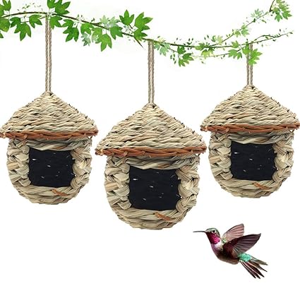 Eeaivnm 3 Pack Hummingbird House, Hand Woven Bird Nest for Outdoors Hanging, Small Grass Bird Houses for Outside, Natural Fiber Bird Hut Roosting Pocket for Finch Canary Chickadee