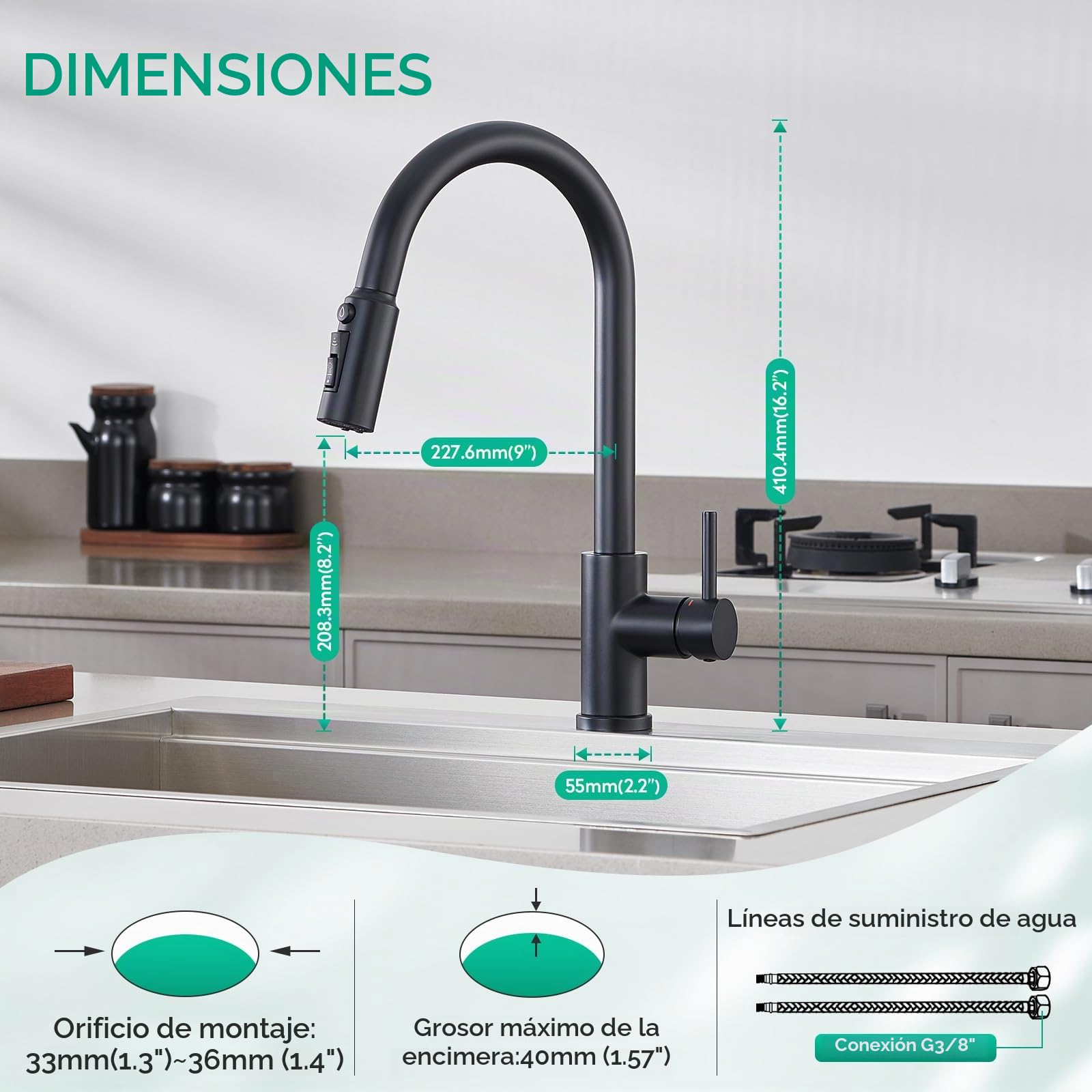 CREA Grifo de cocina de 3 vías,3 En 1 Grifo De Fregadero,Negro Mate | Giratorio a 360° Grifo Monomando Fregadero De Cocina Para Filtro De Agua , De Cocina Para Sistemas De Ósmosis