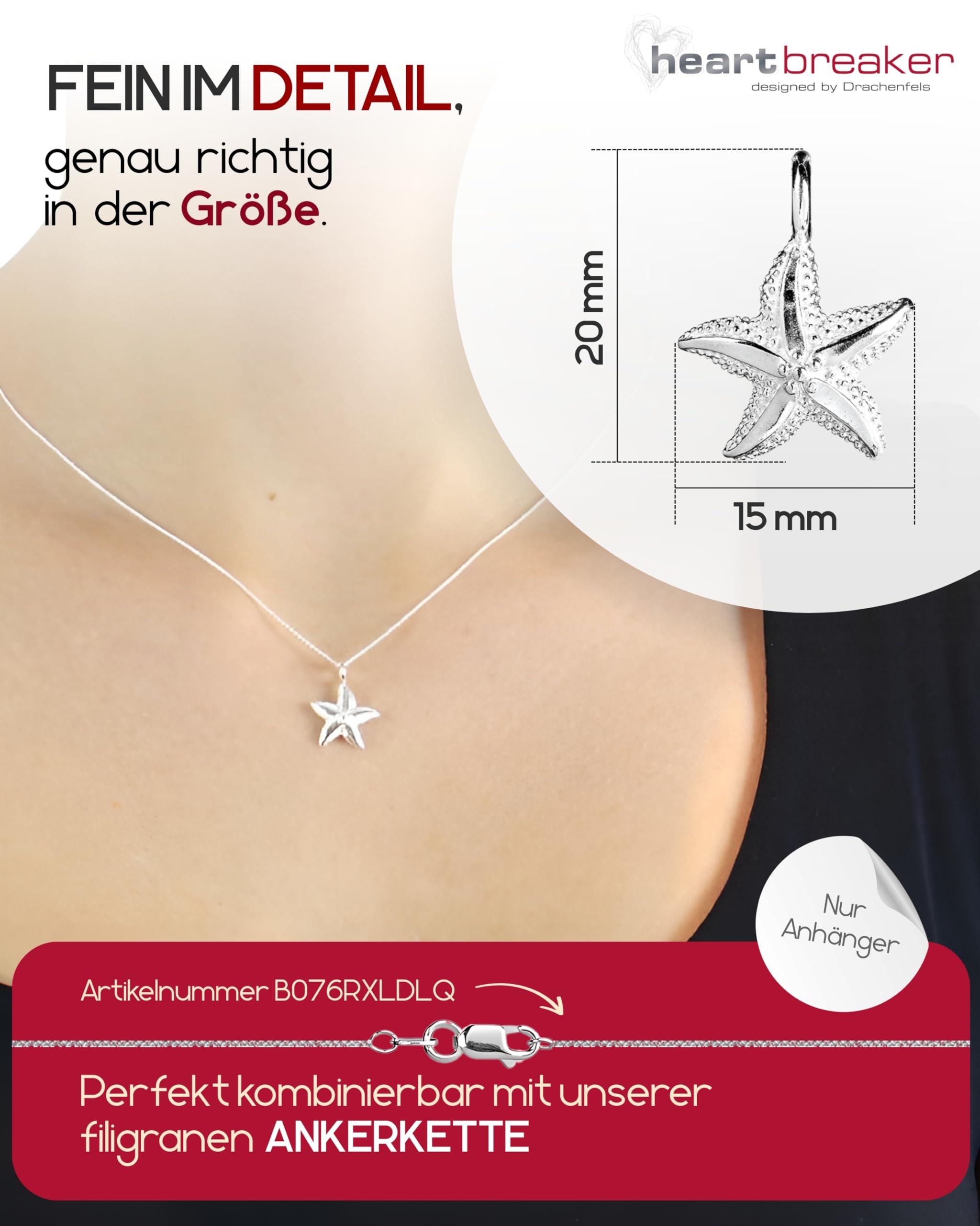 Heartbreaker "Sealife" Seestern-Anhänger klein I Edler Kettenanhänger aus 925 Sterling Silber I Nickelfreier Silberanhänger in Goldschmiedequalität I Hochwertiger Anhänger für Damen I LD SL 33