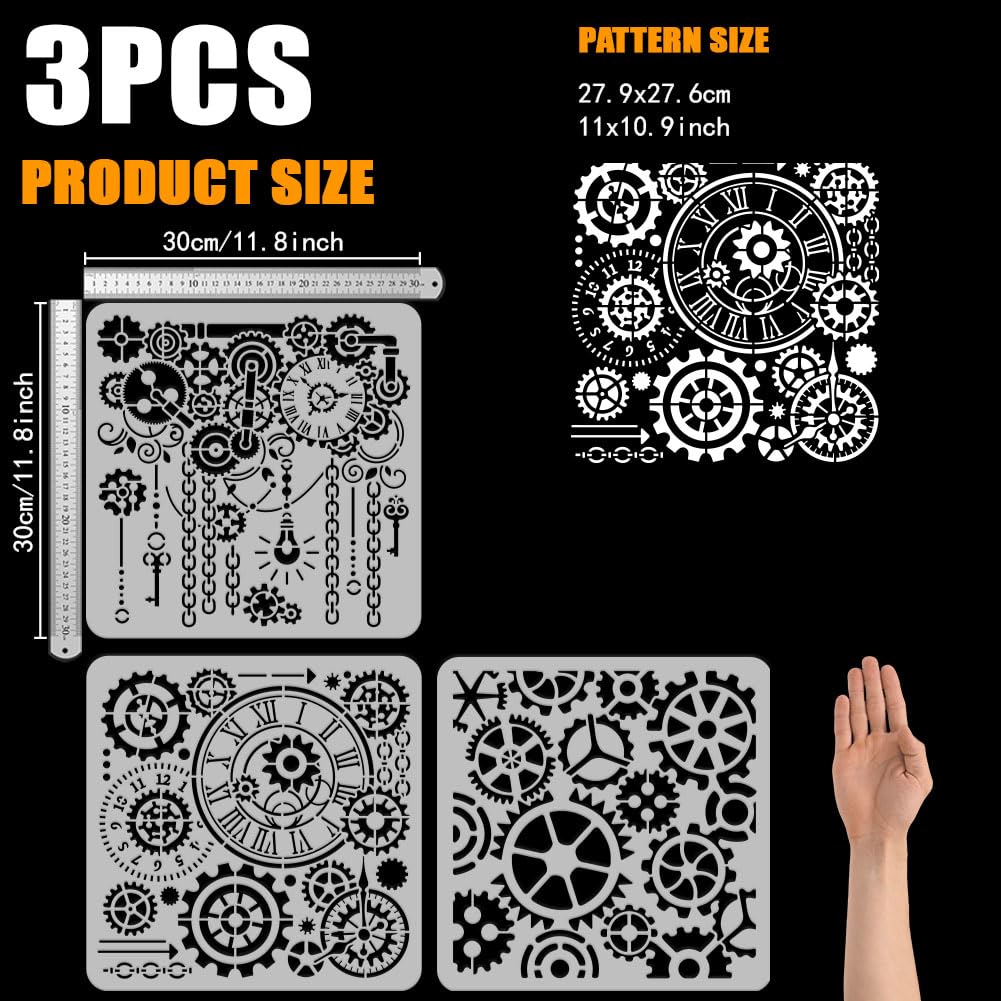FINGERINSPIRE 3 Pcs Retro Gear Painting Stencil 30x30cm Reusable Steampunk Gear Steampunk Chain Key Pattern Drawing Template Gear Clocks Stencil for Painting on Wood Wall Fabric Furniture - Image 2