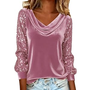Womens Sequin Velvet Tops Elegant Holiday Mesh Sleeve Shirts Round Cowl Neck Sparkly Blouse Casual Wear