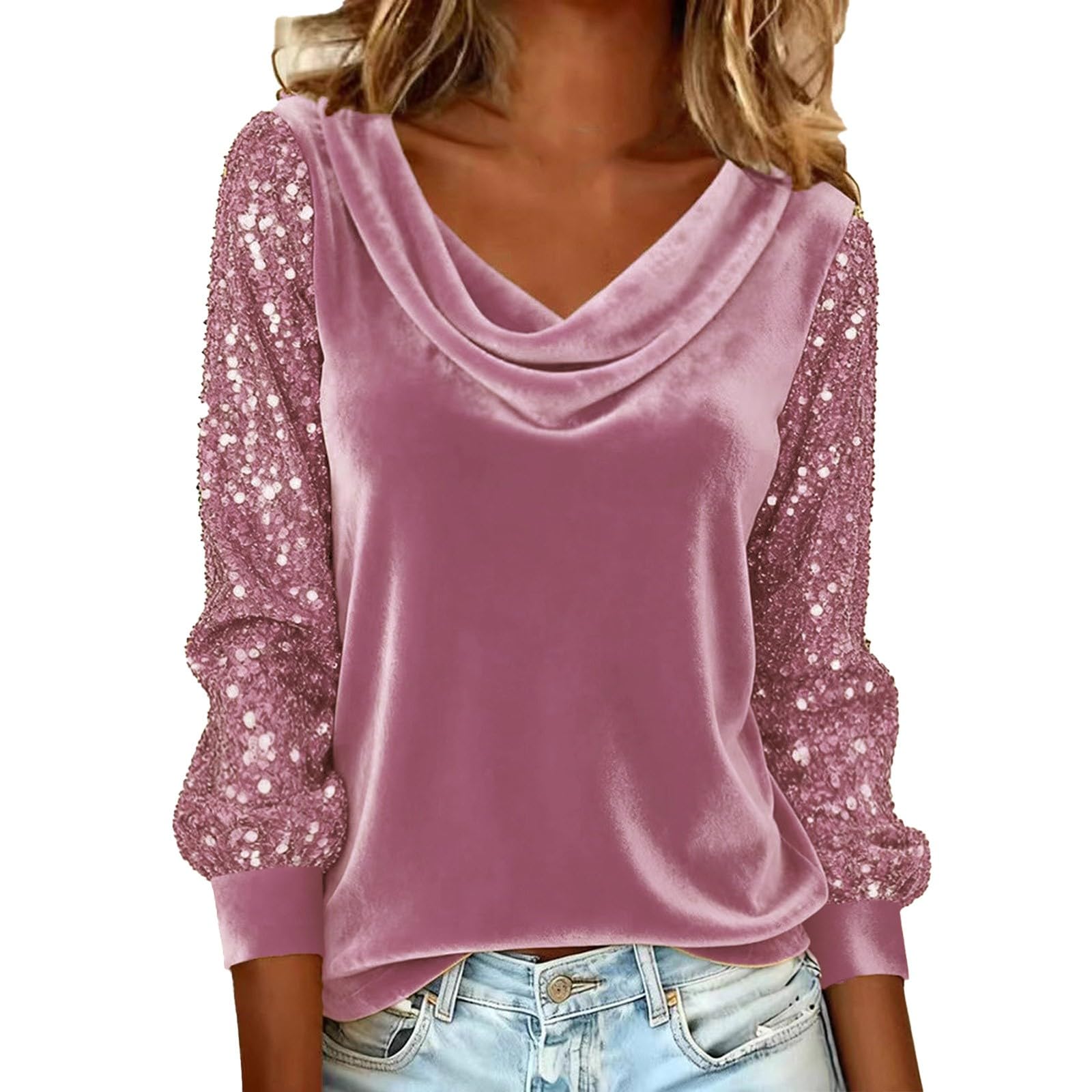 Womens Sequin Velvet Tops Elegant Holiday Mesh Sleeve Shirts Round Cowl Neck Sparkly Blouse Casual Wear