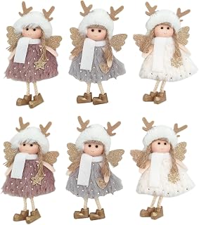 EESLL 6 peças de enfeites de pelúcia de menina com chifres de Natal, boneca de anjo de pelúcia fofa pingente de árvore de Natal, enfeites de pelúcia de Natal para festas de Natal em casa e crianças