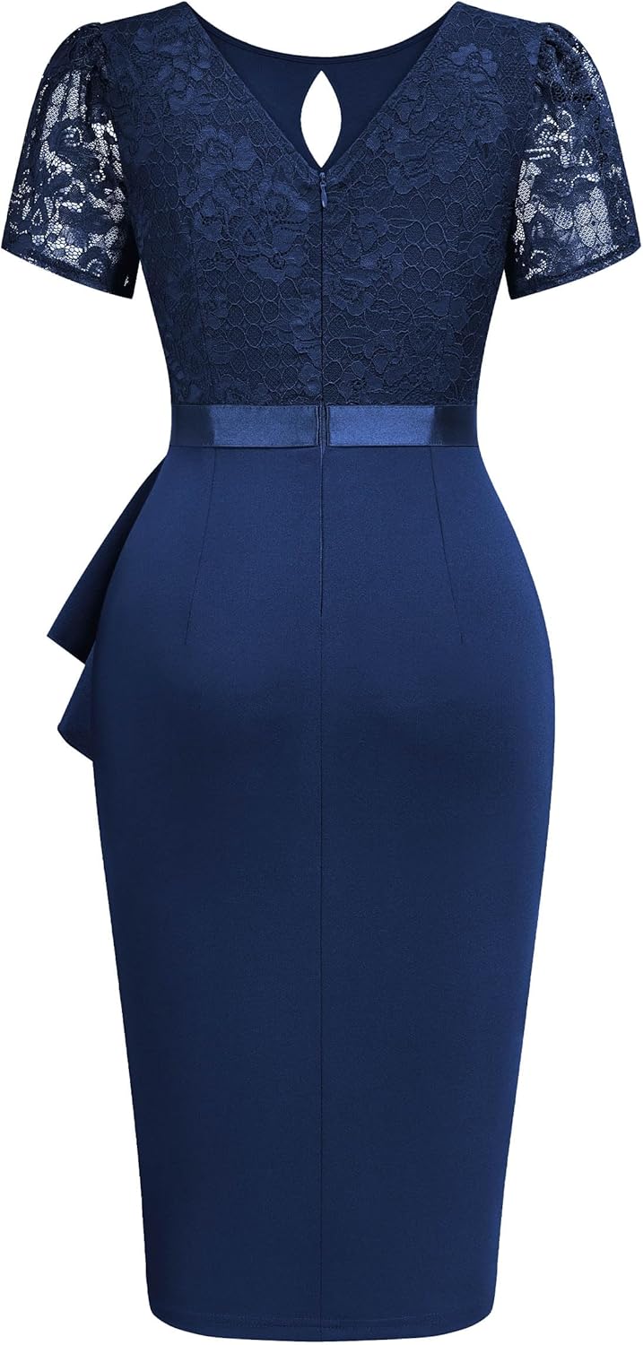 Miusol Women's Elegant Scoop Neck Puff Sleeve Floral Lace Ruffle Style Cocktail Party Dress - Image 6