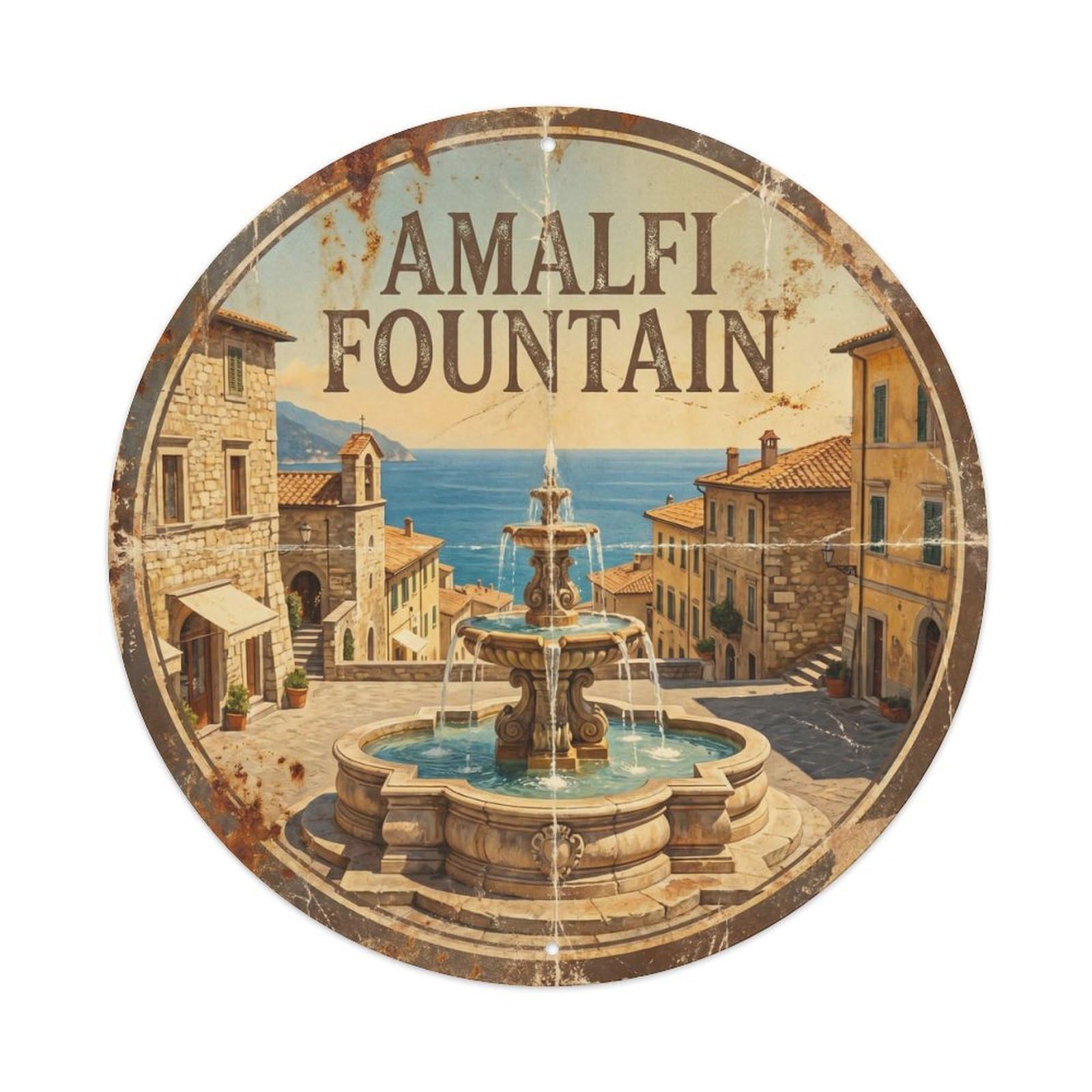 Vintage Travel Italy Coastal Fountain Piazza Metal Tin Sign Plaque Wall Decor for Cafe, Club, Garden Round Metal Poster 8x8Inch