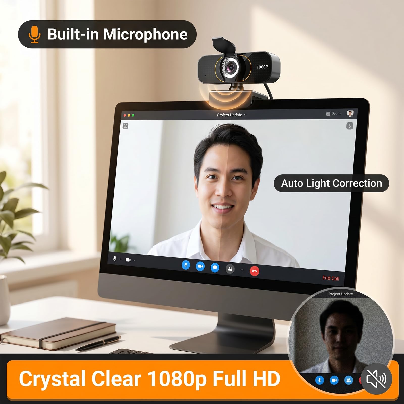 Webcam Full HD 1080p, microfono integrato, treppiede, copertura privacy, correzione automatica della luce e USB plug-and-play, per PC desktop o computer portatile, perfetta per streaming e