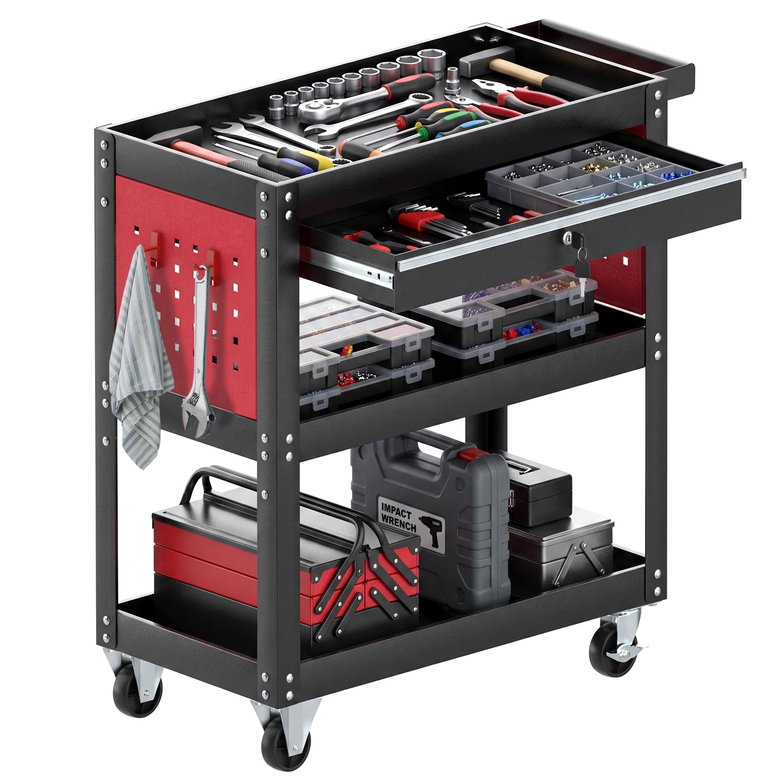 Werkstattwagen 3 Etagen mit Schublade, Werkzeugwagen 70 x 35 x 76 cm, Werkstatt-Rollwagen 200 kg Tragkraft,3 Zoll Rollen für Werkstatt, Garage & Hobby