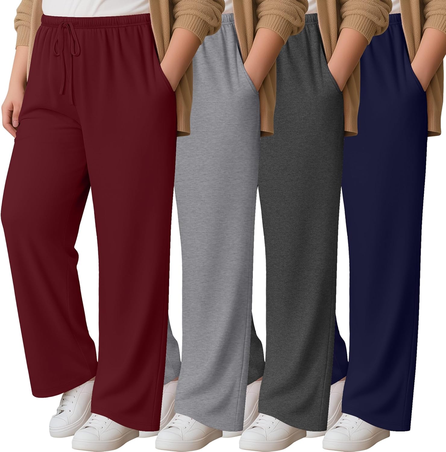 4 Pack Women's Plus Size Lounge Pants with Pockets, Wide Leg Yoga Loose Drawstring Pants Casual Sweatpants Jogger
