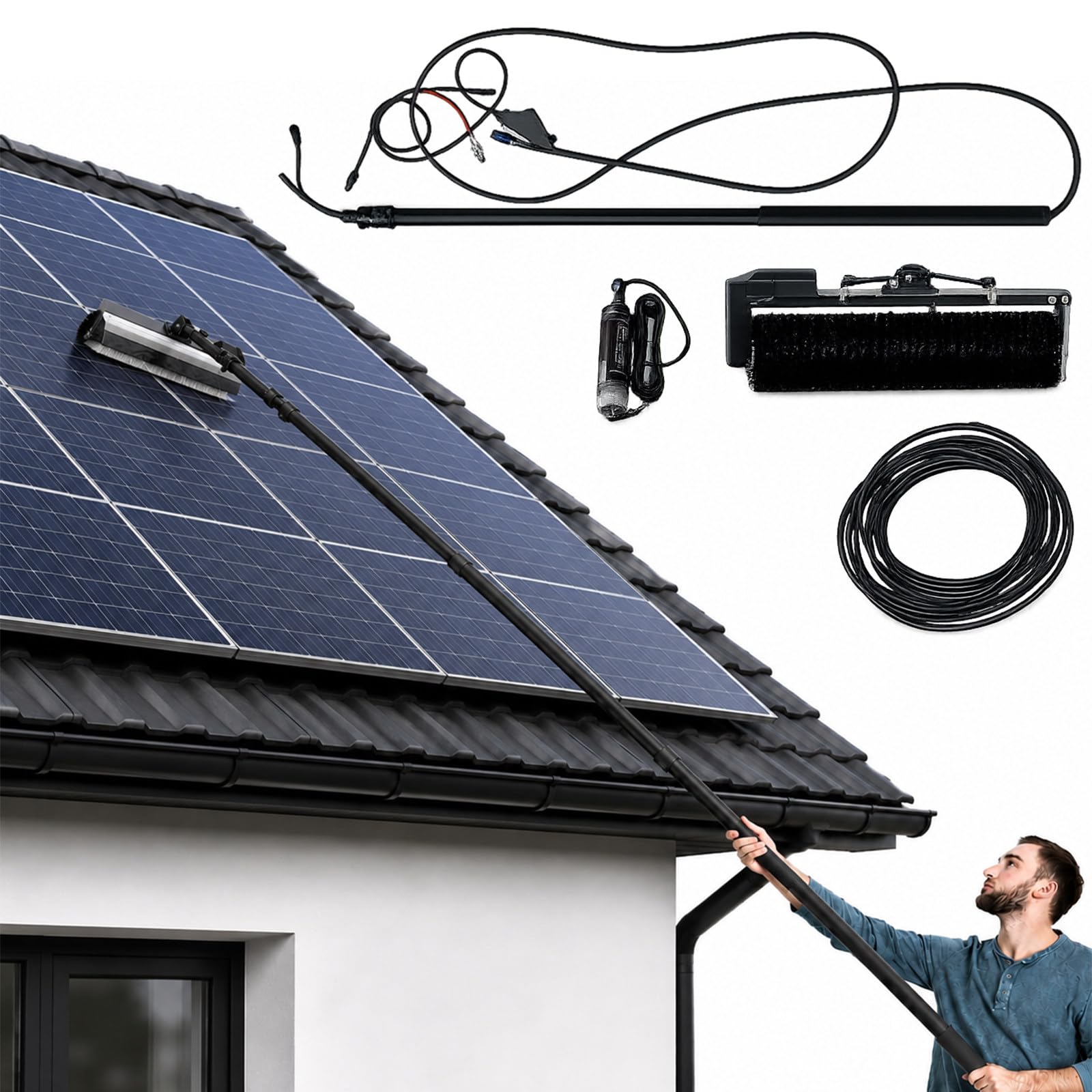 TBANVOO Industrial-Grade Rotating Brush, Solar Panel Cleaning Kit with 60 cm Nylon Fiber Roller Brush, Telescopic Water-Fed Pole, Anti-Retraction Clip 7.5m/25ft
