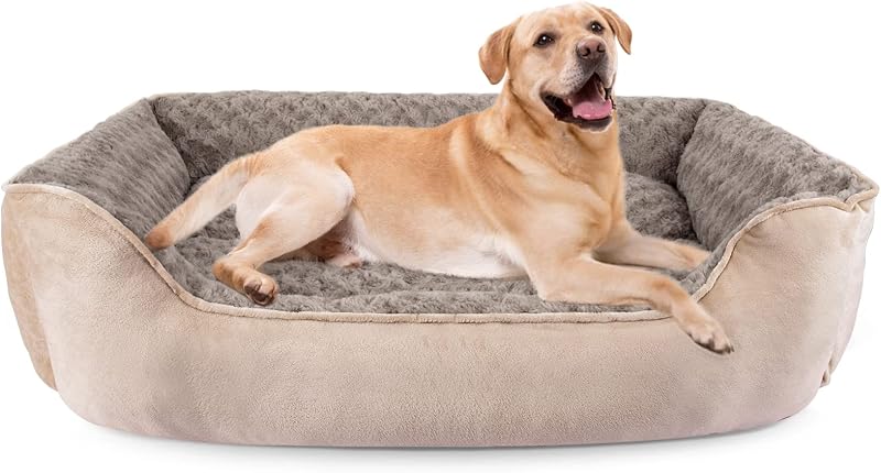 Cama Retangular para Cães JOEJOY com Laterais Elevadas, Pelúcia e Base Antiderrapante, Bege – 88,9 x 63,5 x 25,4 cm