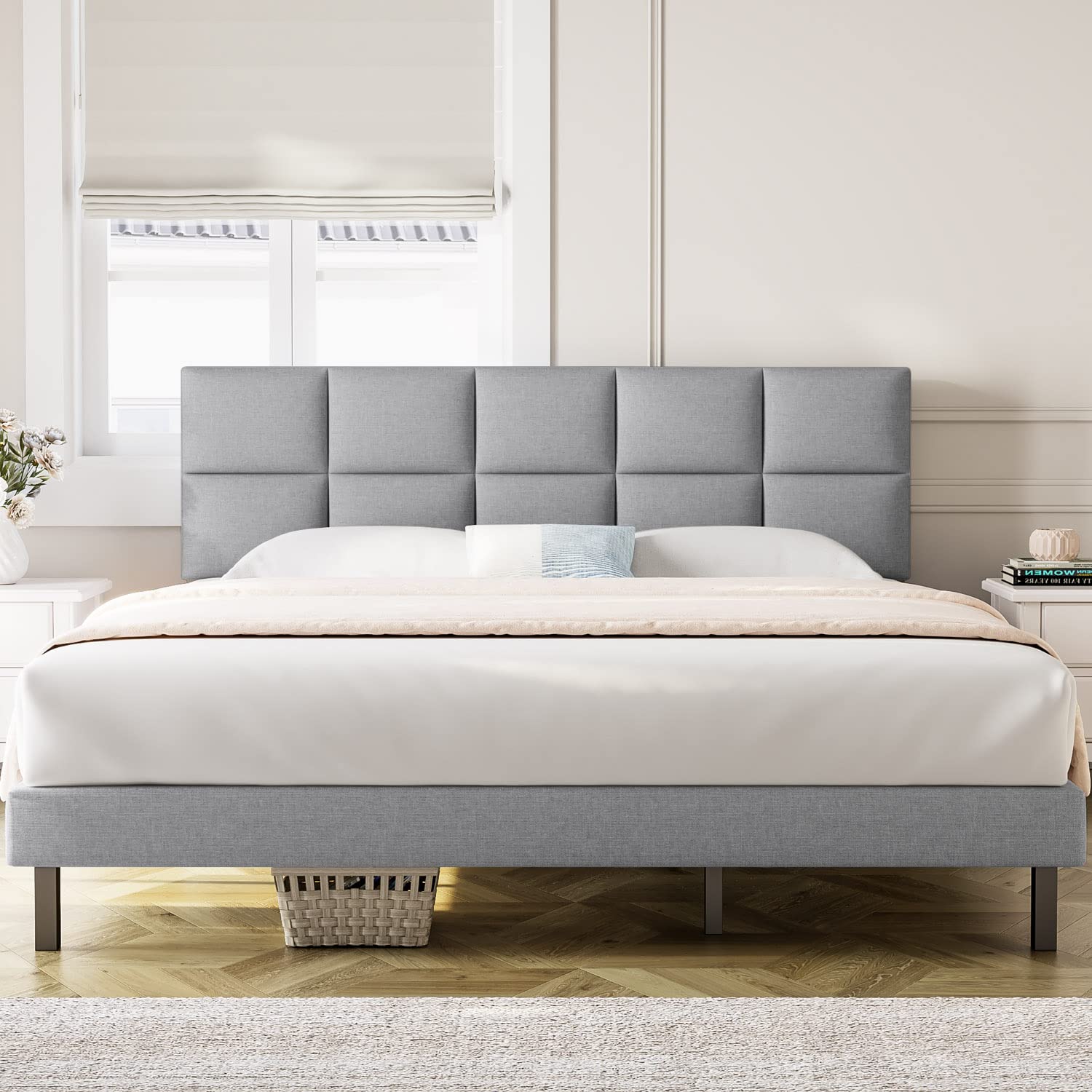 Molblly King Size Bed Frame Upholstered Platform with Headboard, Strong Frame and Wooden Slats Support, Linen Fabric Wrap, Non-Slip and Noise-Free,No Box Spring Needed, Easy Assembly, Light Grey