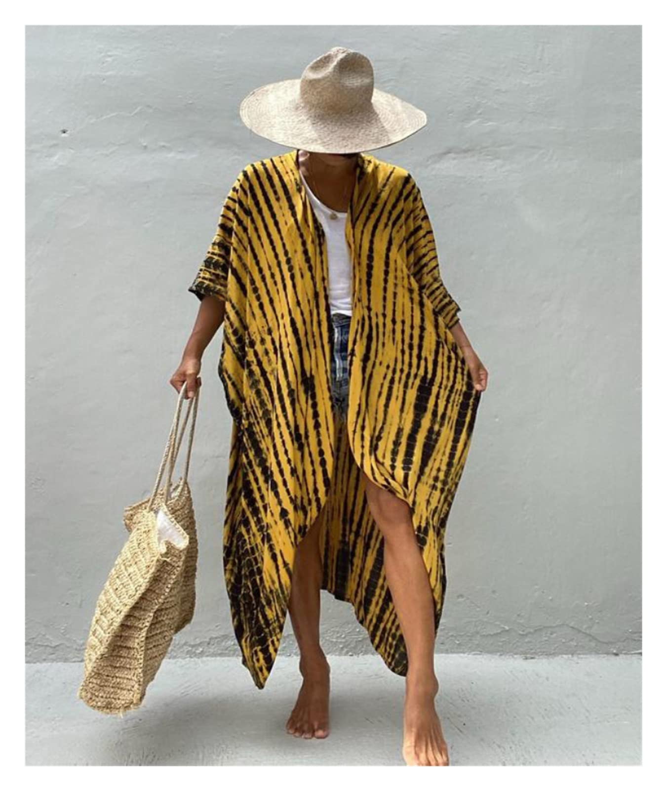 Bikini-Abdeckung Strand-Cover-Ups for Bademode Damen Schwarz Tie Dye Kimono Badeanzug Cape Sommerkleid Beachwear Outfits Badeanzug Cover Up(Yellow Leaf Kimono)