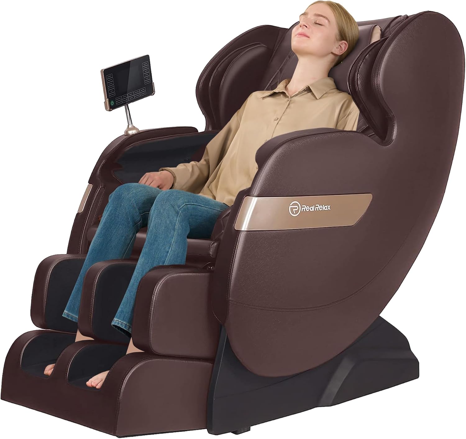 Real Relax 2024 Massage Chair Recliner, Dual Core S Track, Lower Back and Calf Heating, LCD and APP Control, Full Body Airbag Massage, One Button Zero Gravity, Office and Home Use, Brown and Gold
