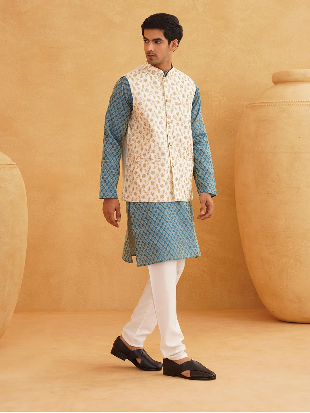Sojanya (Since 1958 Men's Silk Blend Peacock Blue Self Design Kurta & Cream Embroidery Nehru Jacket With Off-White Churidar Pyjama