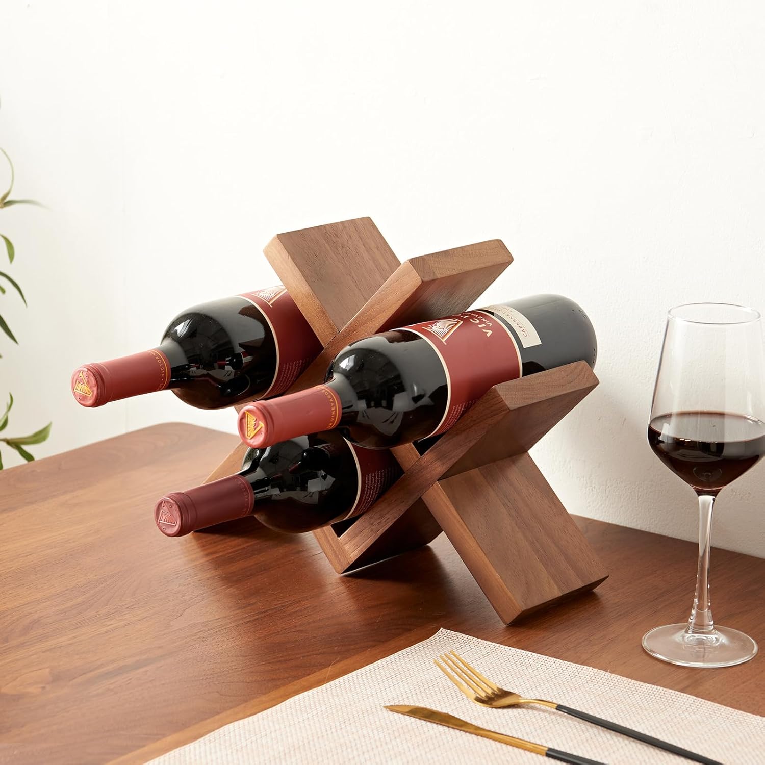 Solid Oak Wine Rack Countertop, 4 Bottle Tabletop Wine Holder - No Assembly Free Standing Wood Display for Kitchen, Bar, Office, Living Room | Walnut