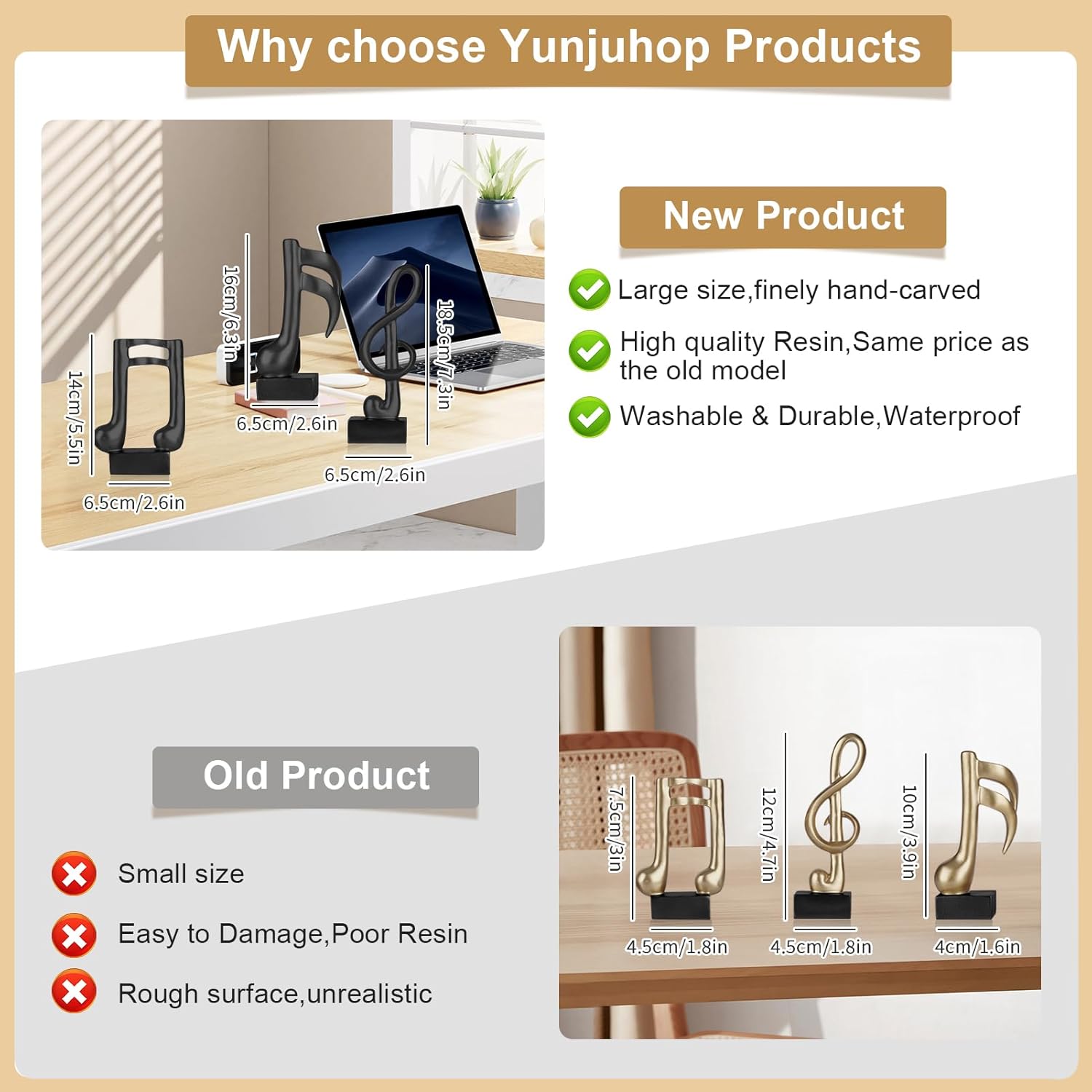 3 Pcs Music Note Sculptures,Handmade Modern Musical Decoration Table Centerpiece Statue for Piano Bookshelf Bathroom Music Room Coffee Table (Black) - Image 2