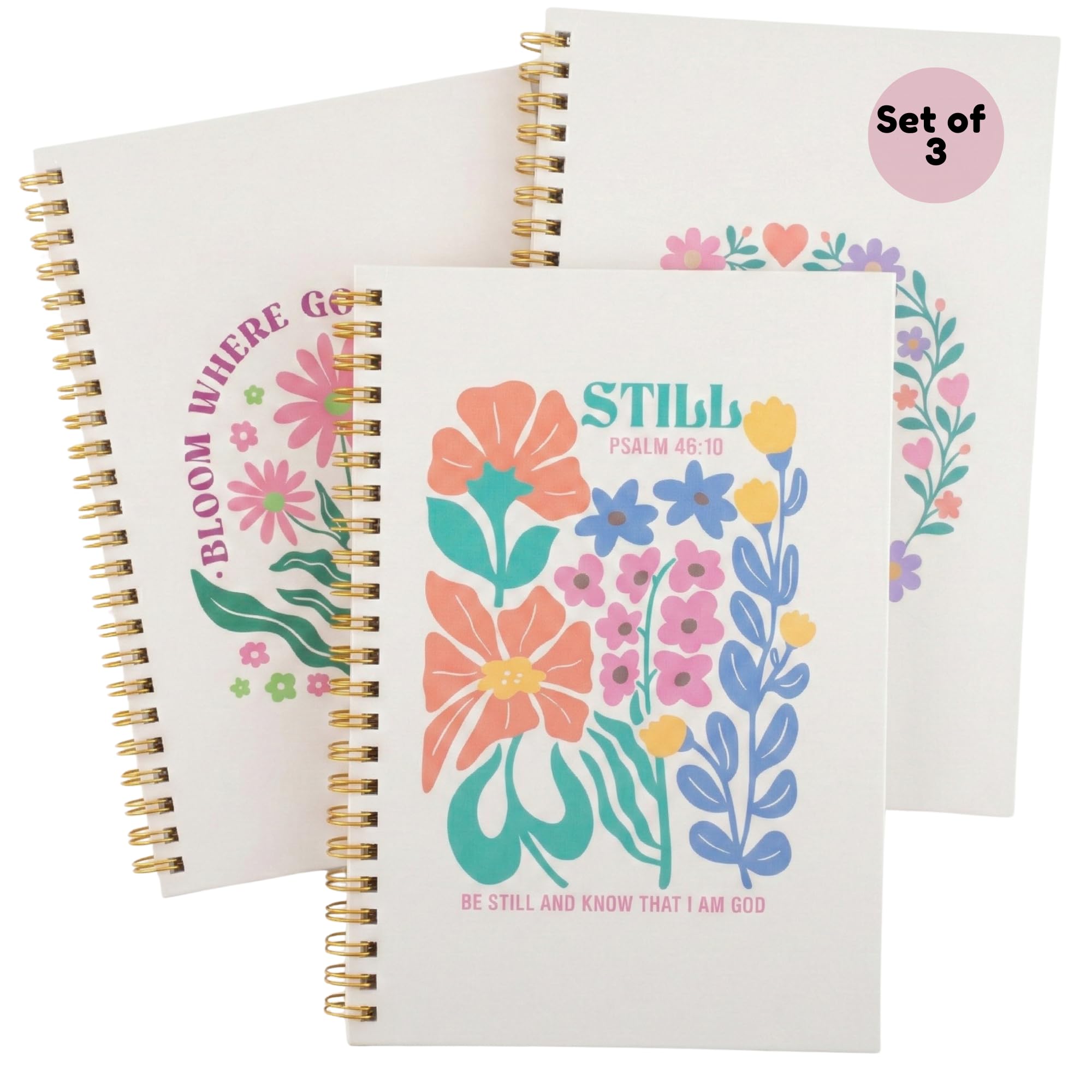 Highmark Collective Christian Notebook Set of 3 – Joyful Bloom Spiral Journal for Women – 100 GSM No-Bleed Bible Study Supplies – 3 Floral Lined