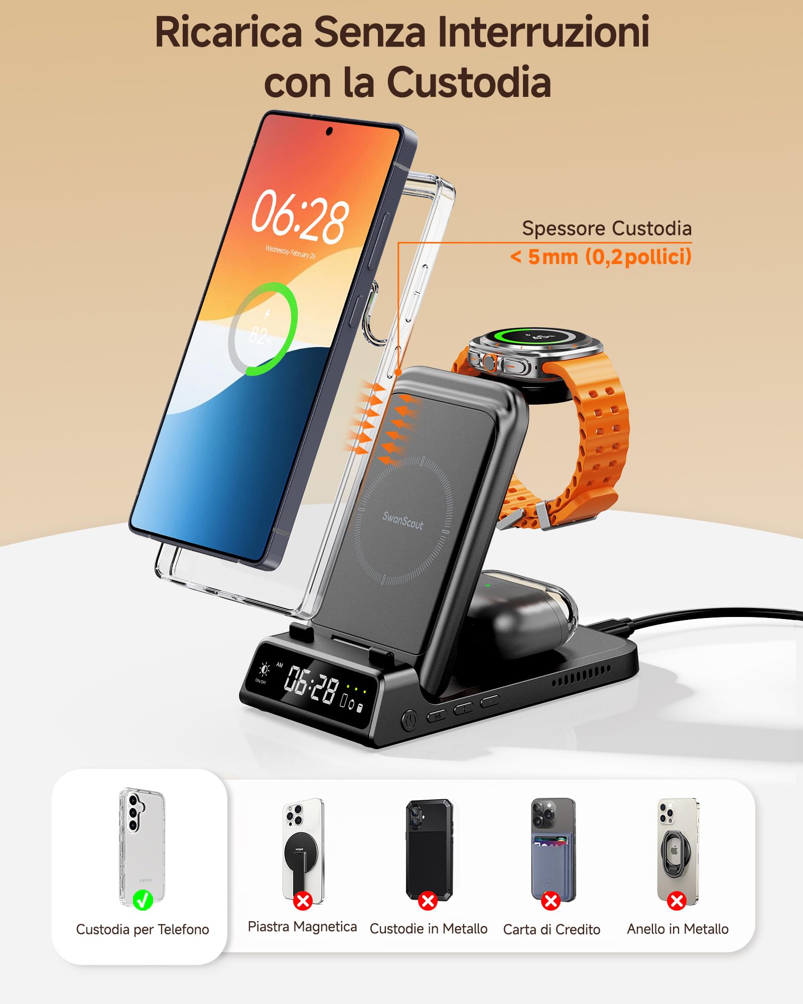 3 in 1 Caricatore Wireless per Samsung S26 Ultra, Stazione di Ricarica per Samsung S26/S25/S24, Base di Ricarica per Galaxy Watch 8/8 Classic/Ultra/7/6, Galaxy Buds 4 Pro, SwanScout 703S (No Adapter) | Pieghevole per i viaggi, funziona su comodino o scriv
