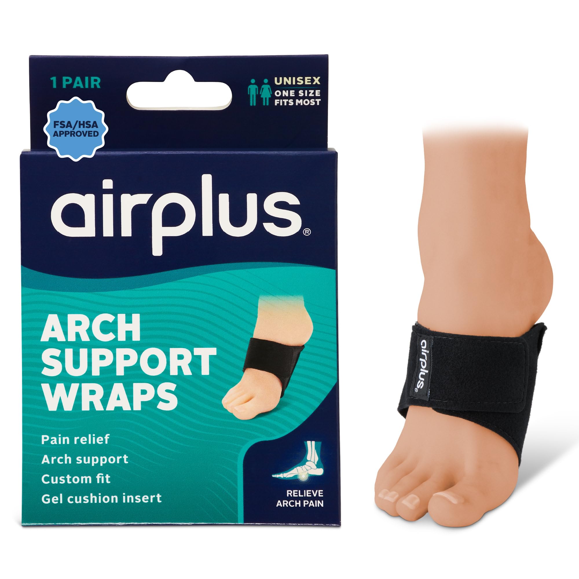 Airplus Arch Support Wrap-(FSA&HSA Eligible) Adjustable Compression with Gel Insert for Foot Pain Relief, Plantar Fasciitis, Swelling - One Size Fits Most, Wear with or Without Shoes (1-Pair), Black