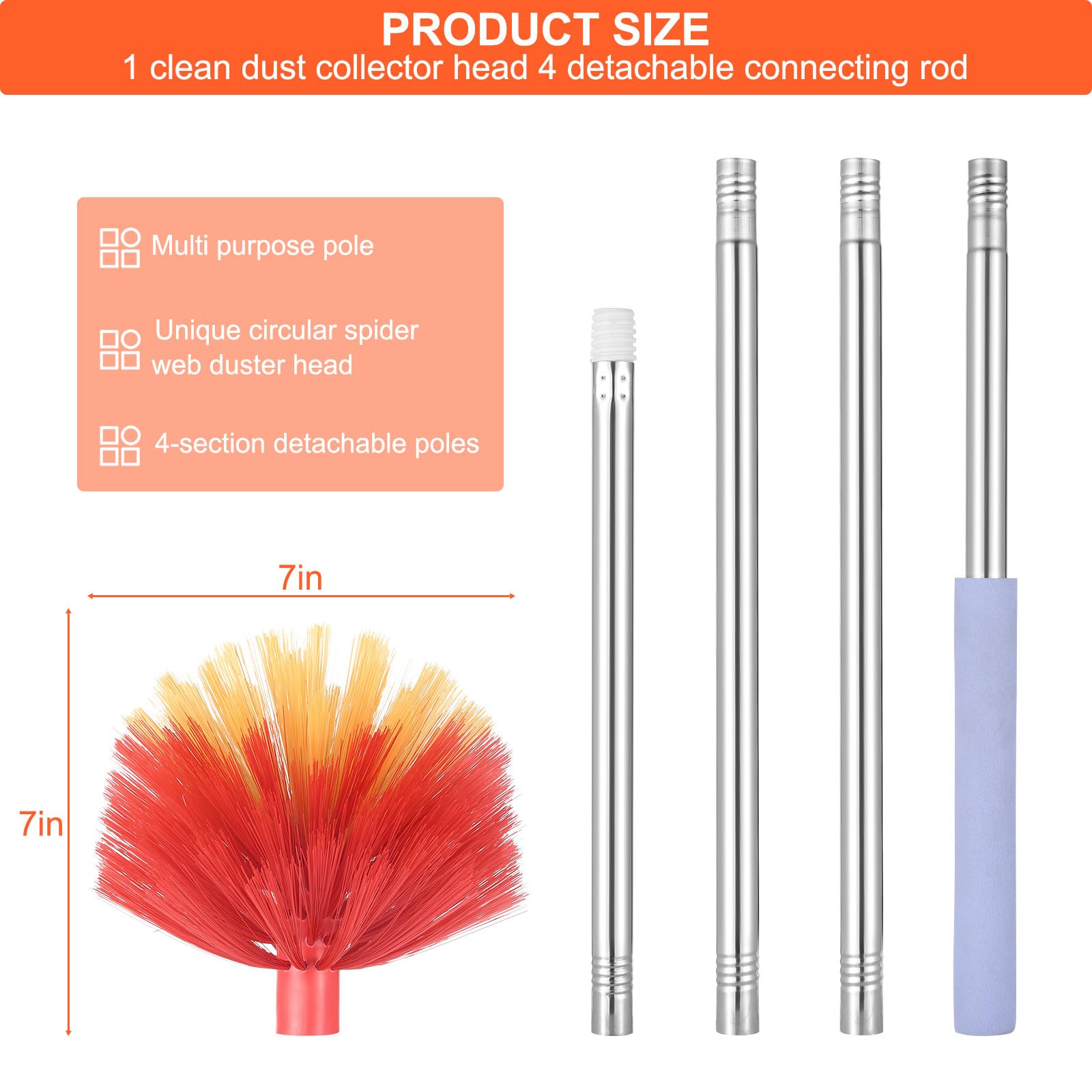 Adjustable Cobweb Duster With 59" Pole - Stainless Steel Extension, Washable Medium-Stiff Bristles For Ceiling Fans & High Areas - View #8