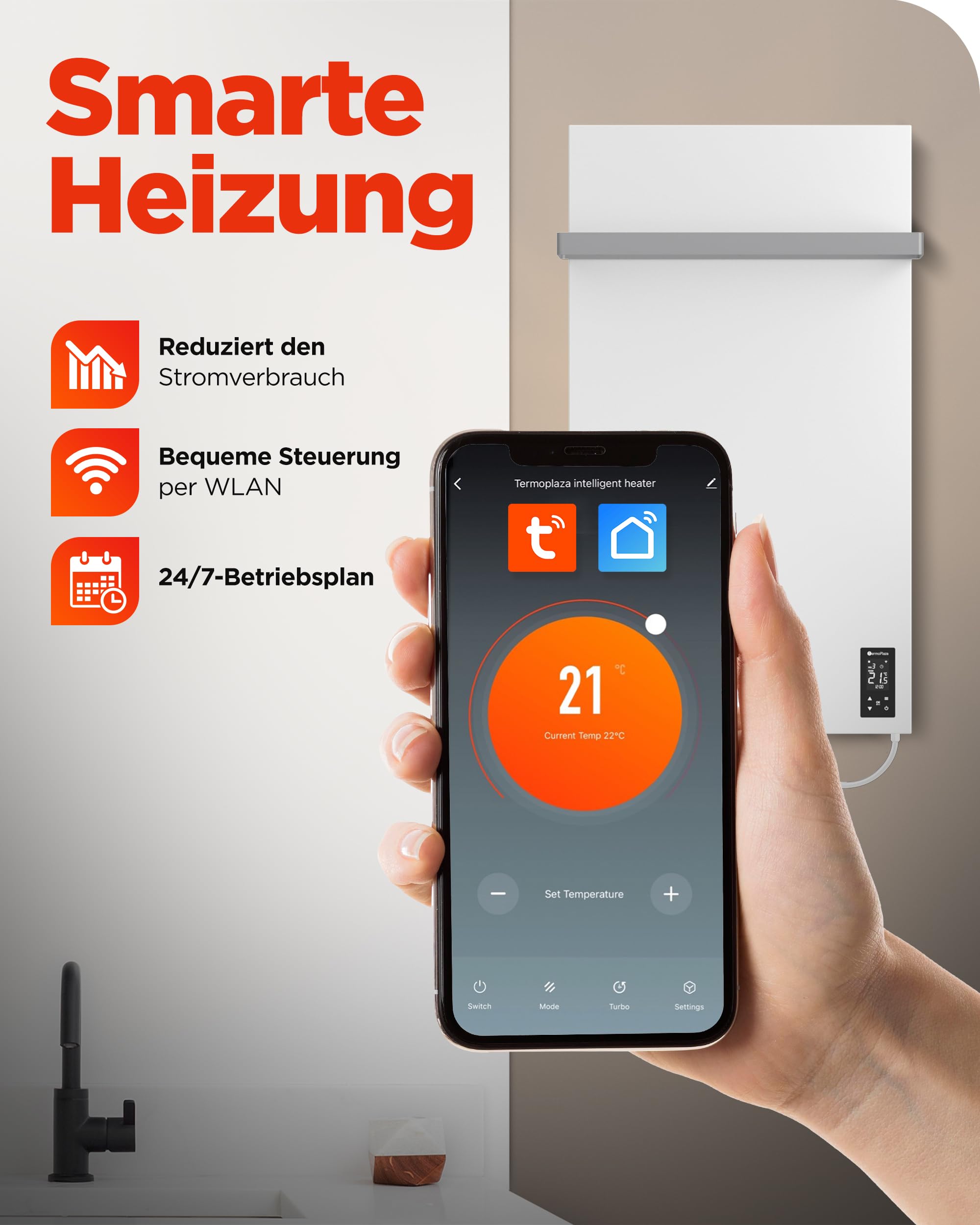 TermoPlaza WLAN Infrarot Heizstrahler 270 W bis 7 m² | Intelligente Infrarot Wandheizung Elektrisch | Badheizkörper mit Handtuchhalter & Thermostat | Energiesparende Elektroheizung für Badezimmer