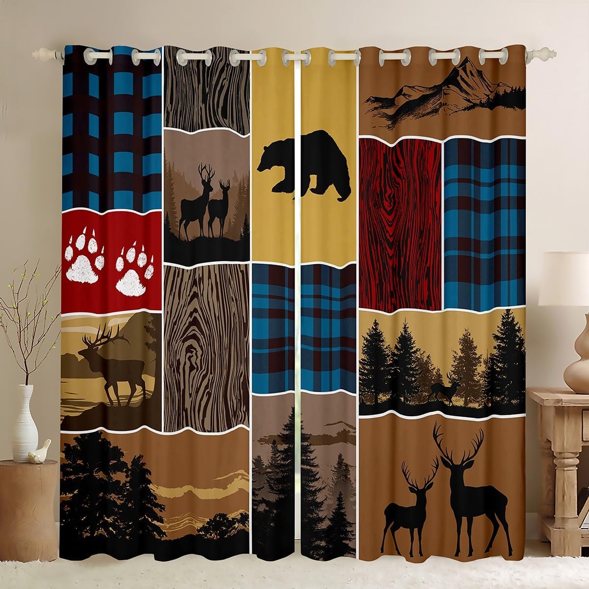 Plaid Bear Cabin Blackout Curtains,Rustic Farmhouse Camper Curtains For Kids Boys Teens, Hunting Deer Woodland Lodge Window Curtains 42"Wx84"L Wildlife Cowboy Window Treatments 2 Panels,Brown Yellow