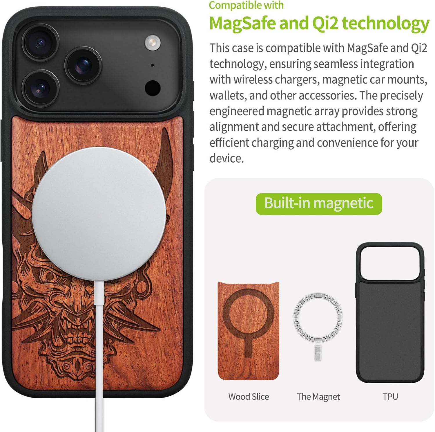 Carveit Magnetic Wooden Case for iPhone 17 Pro Case, Wood Artisan Engraved & Black Soft TPU Shockproof Cover, Compatible with MagSafe Wireless Chargers (Japanese Oni Mask) Rosy
