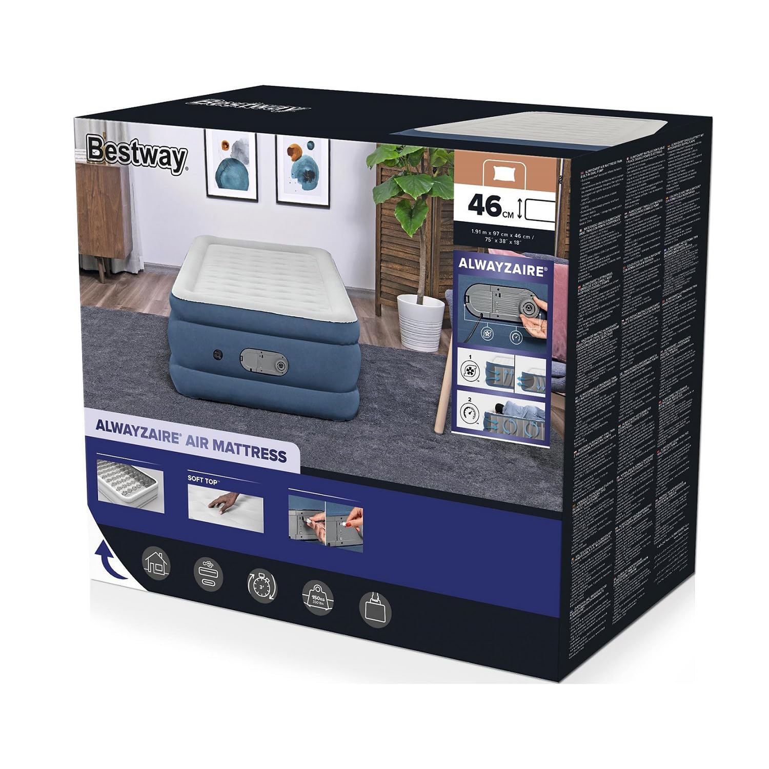 Bestway 75" x 38" x 18"/1.91mx 97cm x 46cm Colchón de Aire AlwayzAire Doble Bomba Doble incorporada