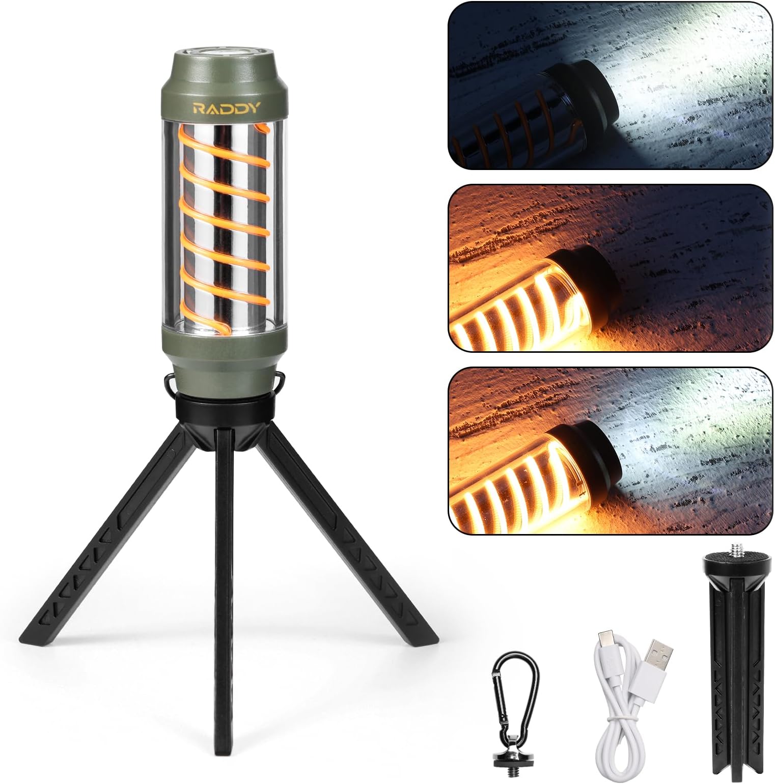 Raddy CL-1 Portable Rechargeable Flashlight with 7 Light Modes, IPX6 Waterproof, Carabiner and Stand, for Hiking, Fishing, Emergency, Power Outage