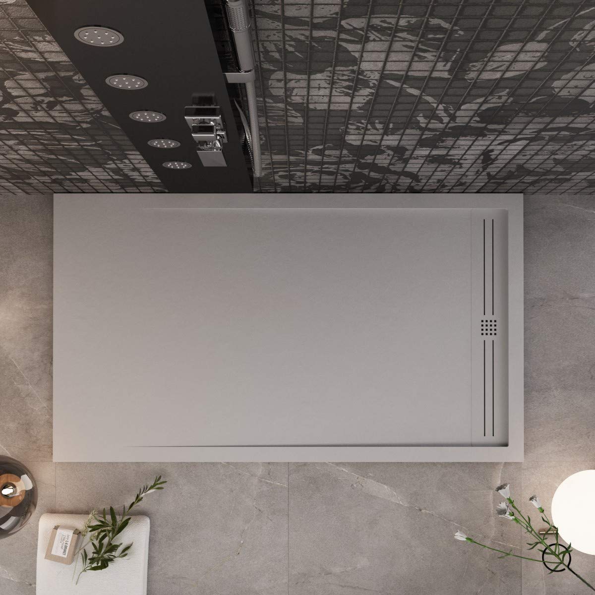 Luminosa ArredoBagno Plato de ducha Marmoresina de 80 x 120 cm, efecto piedra antideslizante con gelcoat, modelo Berlín, color gris, parrilla y desagüe incluidos