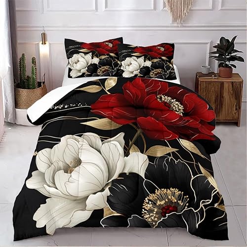 Miniatura 14 de Juego de edredón de calavera y rosa roja con cuervo negro, tamaño Queen, juego de ropa de cama de esqueleto con rosas góticas para Halloween, Cuervo