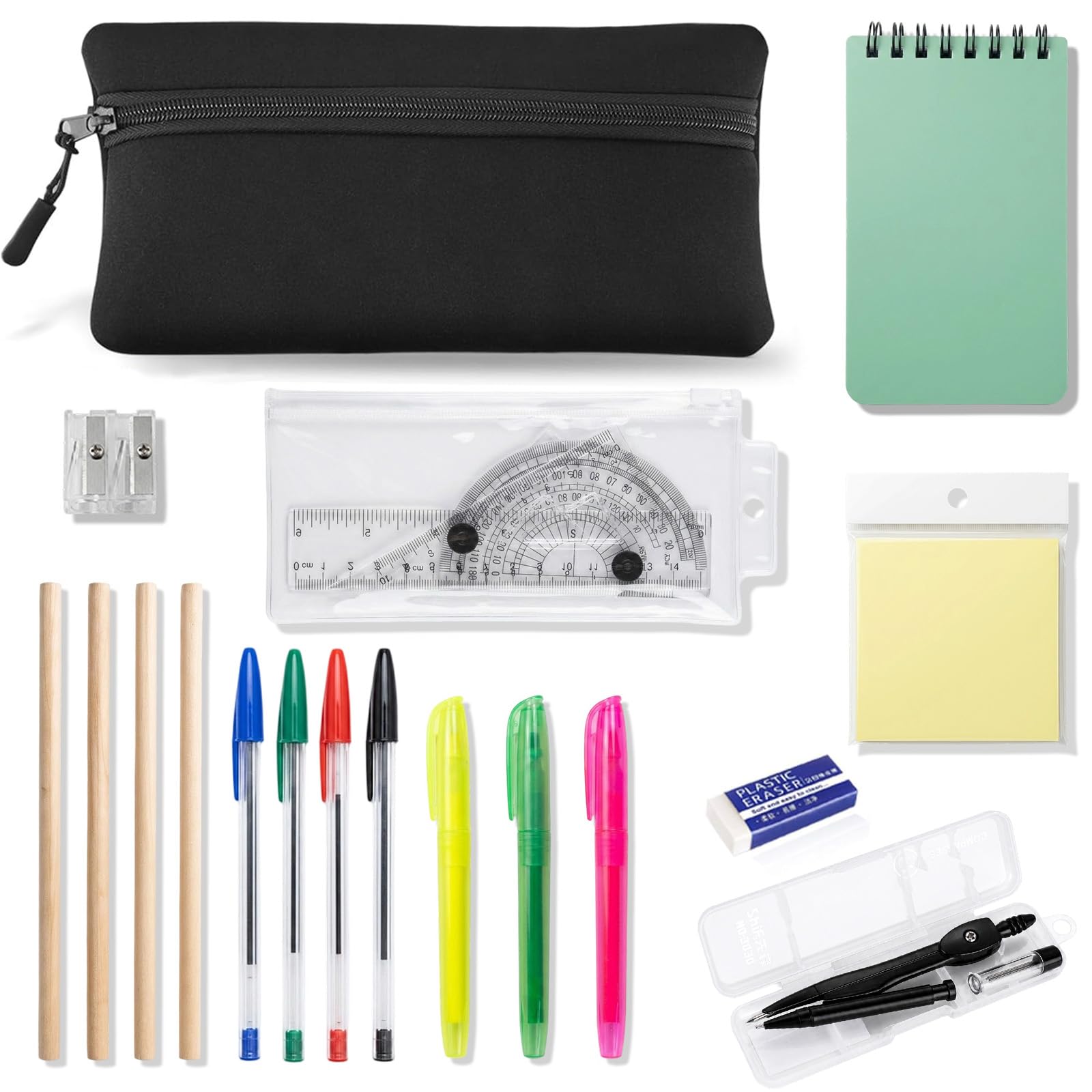 YUNTRUN 18 Pcs Stationary Sets, Filled Pencil Case, Secondary School Stationery Set, Maths Sets for Secondary School, Back to School Stationery Ruler Set for Office, Home or School, Mathematical Set