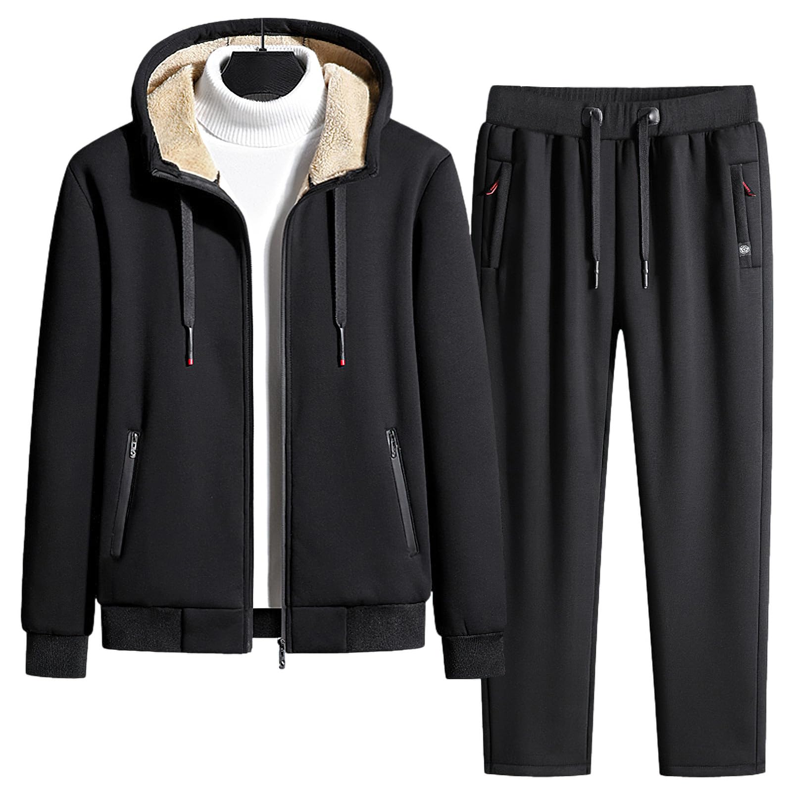 Herren Winter Fleece Gefüttert Baumwoll Trainingsanzug Set Kapuzenjacke und Jogginghose mit Reißverschlusstaschen