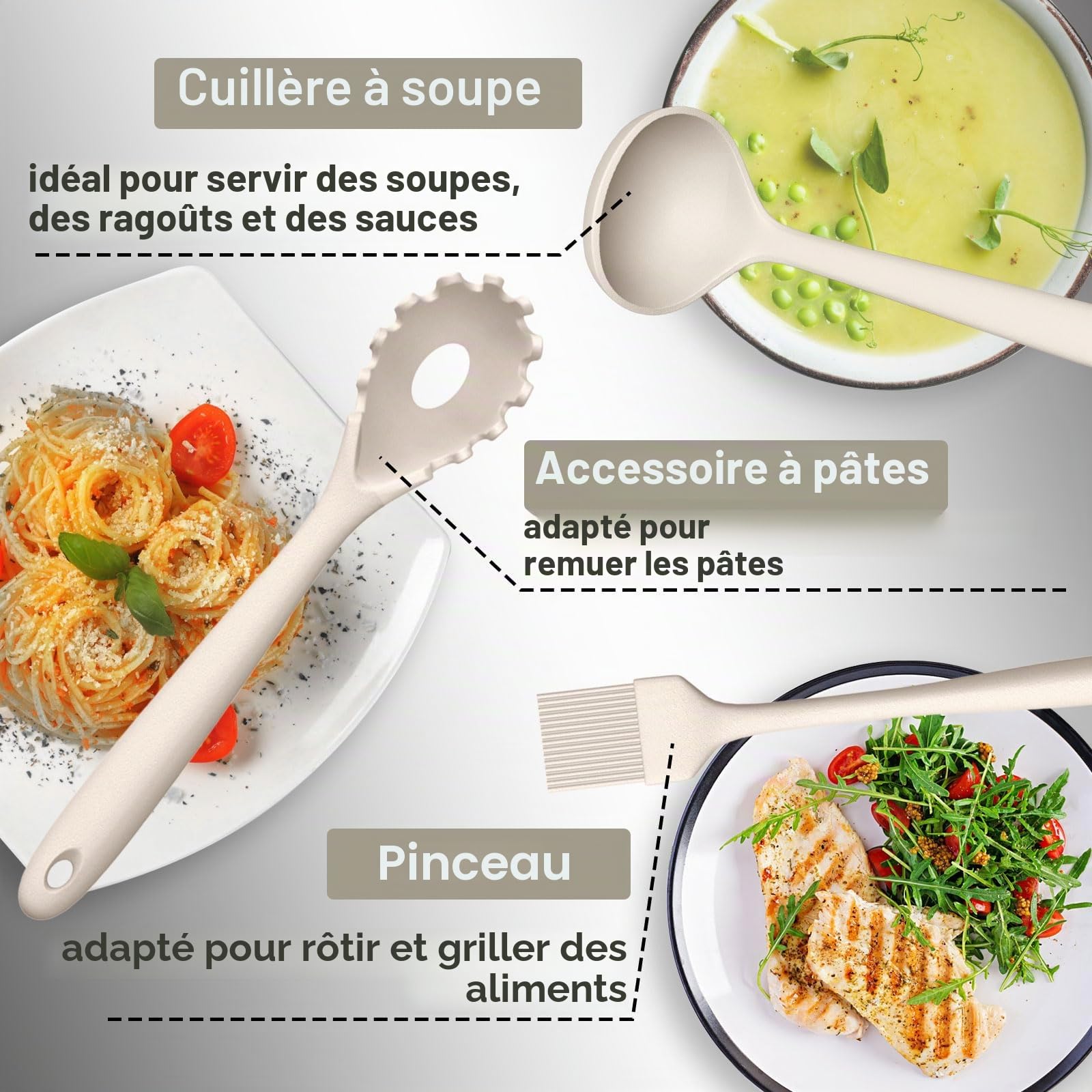 Lot de 43 ustensiles de cuisine en silicone résistants à la chaleur avec porte-ustensiles, antiadhésifs, passent au lave-vaisselle, kaki