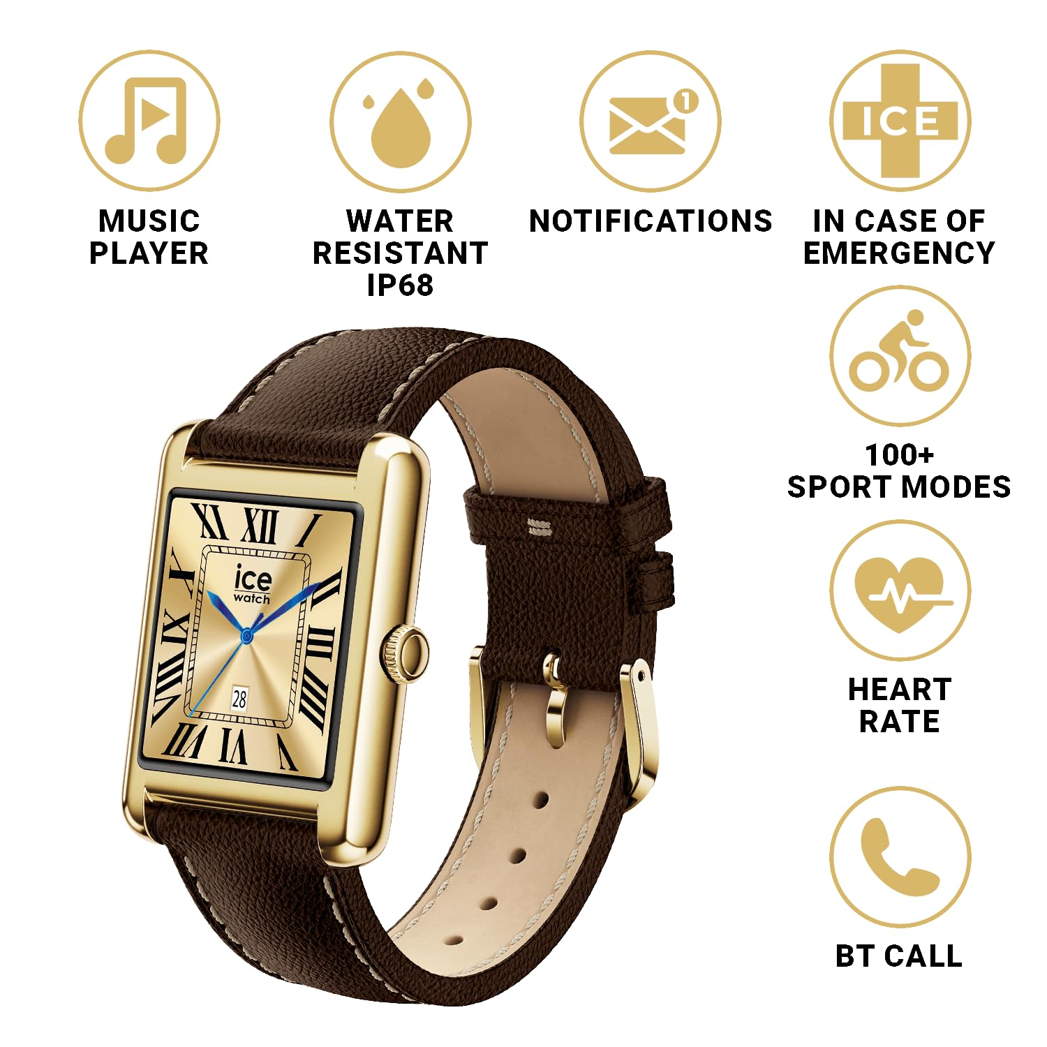 ICE-WATCH - Ice Smart TKS 2.0 Gold Chocolate Grain - Montre connectée dorée pour Femme avec Bracelet en Cuir - 025618 (1.41 Pouces / 32mm) - Smartwatch, Suivi des activités physiques et de la santé